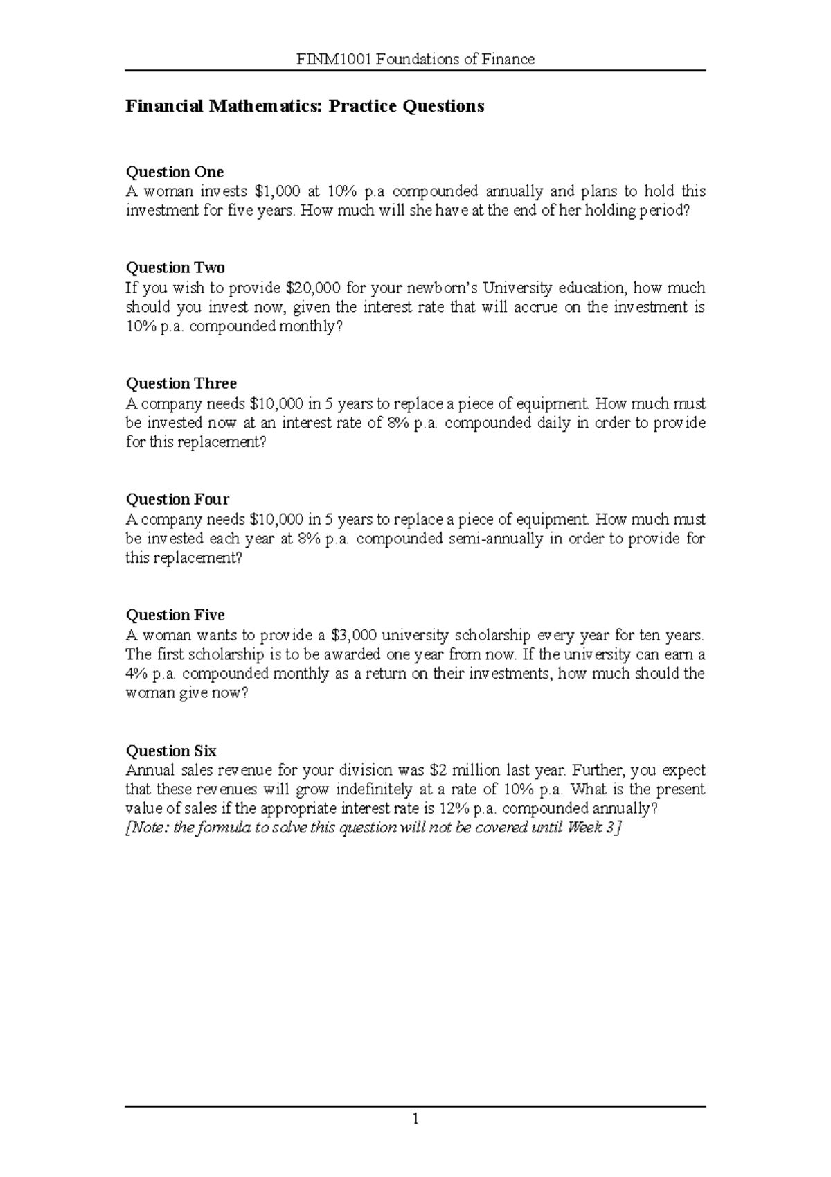 1a financial mathematics practice questions finm1001 foundations of finance financial studocu