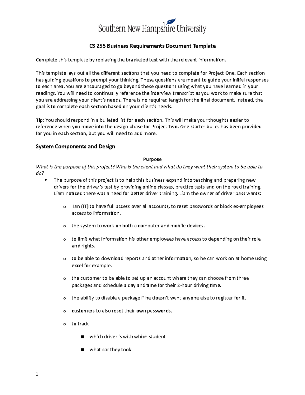 CS 255 Business Requirements Document Template - CS 255 Business ...