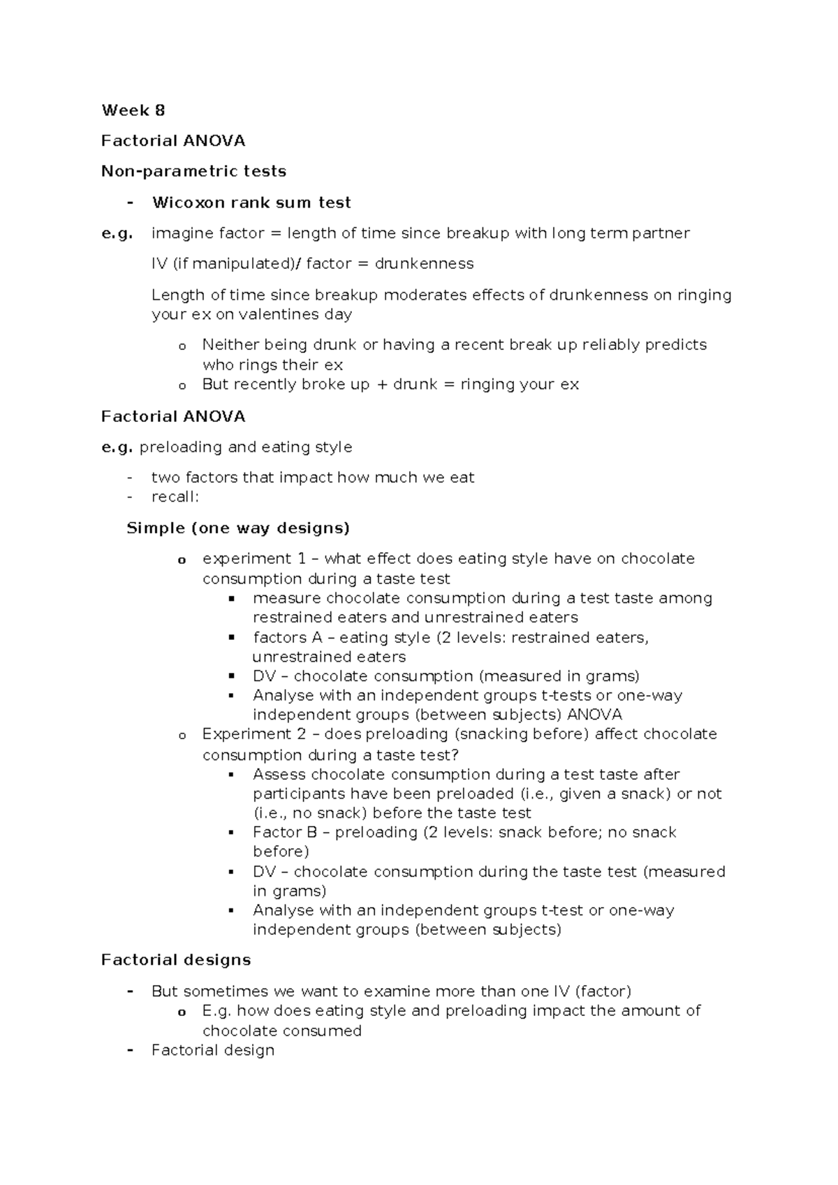 Lecture 8 notes - Week 8 Factorial ANOVA Non-parametric tests - Wicoxon ...