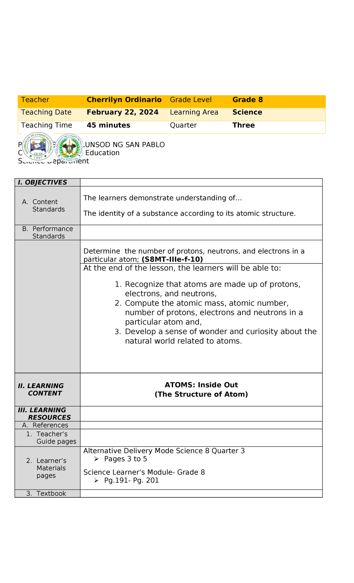 LP 1 for Atomic Structure - Teacher Cherrilyn Ordinario Grade Level ...