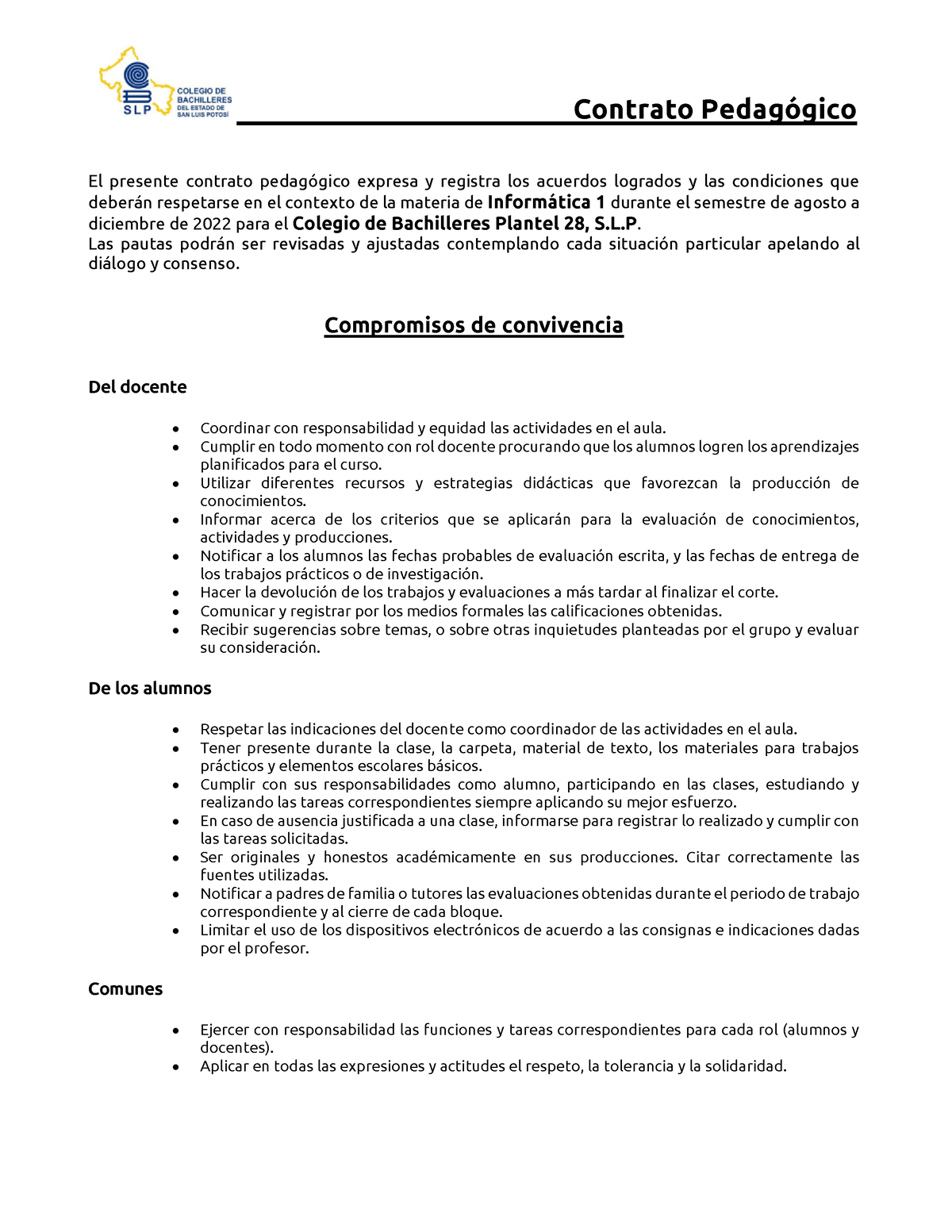 Contrato Pedagógico Informática 1 Agosto 22 Contrato PedagÛgico El Presente Contrato 7358