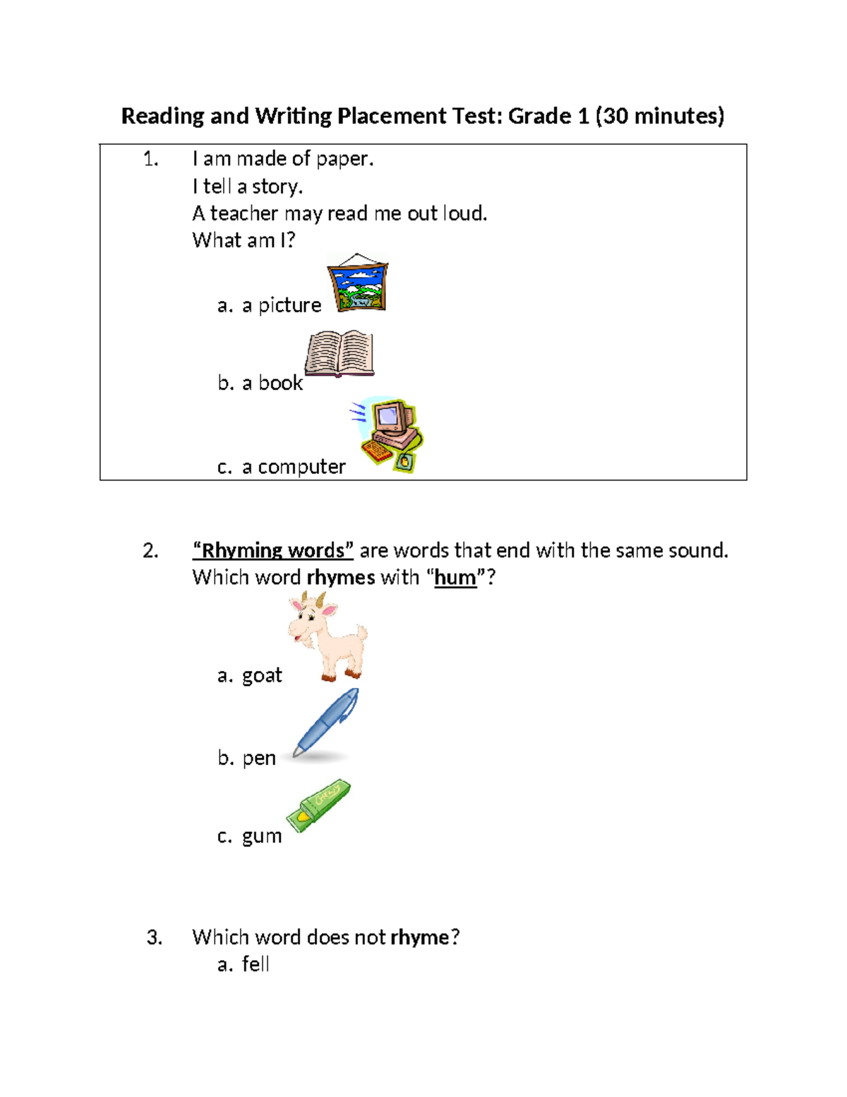 Grade 1 Assessment - Reading and Writing Placement Test: Grade 1 (30 ...