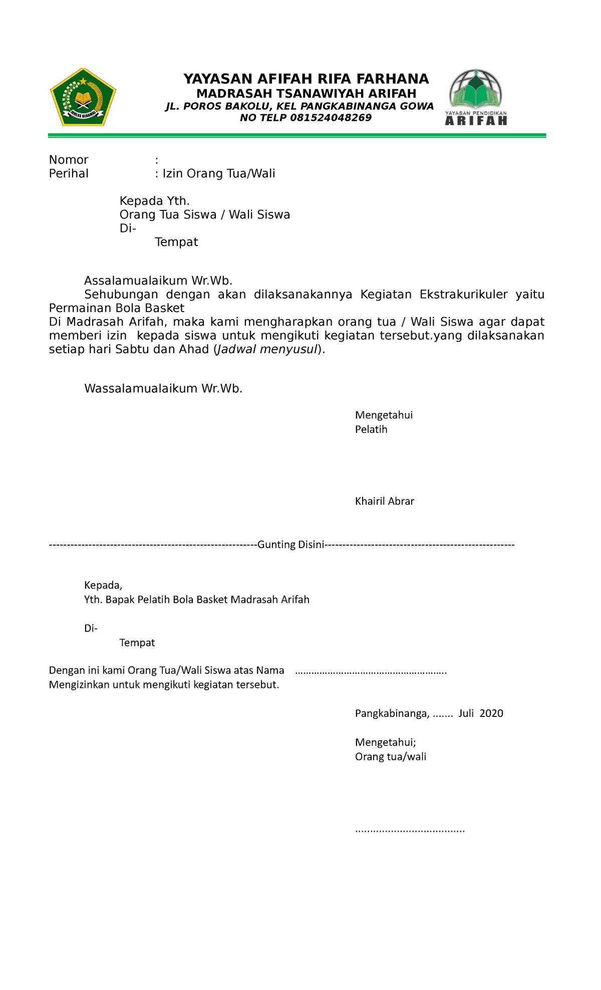 Surat IZIN ORTU Izin Orang Tua Untuk Murid Yang Mengikuti Kegiatan Ekstrakurikuler Studocu