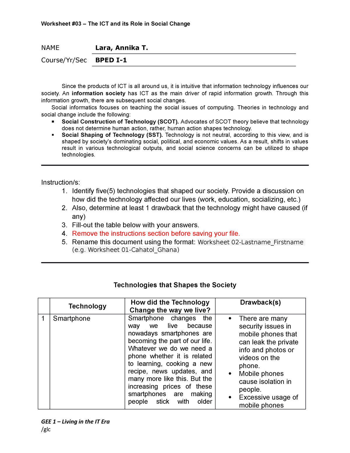 Worksheet 03 - Lara, Annika T - Worksheet #03 – The ICT and its Role in  Social Change NAME Lara, - Studocu