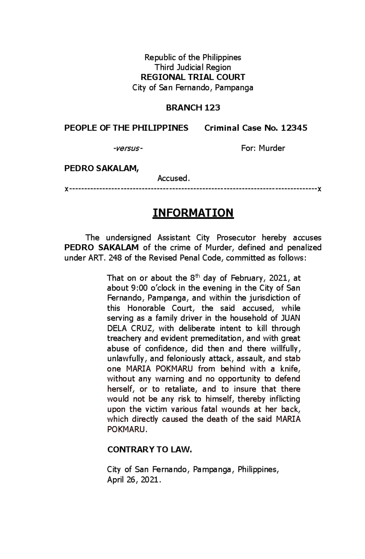 2 Info - For praccourt - Republic of the Philippines Third Judicial ...