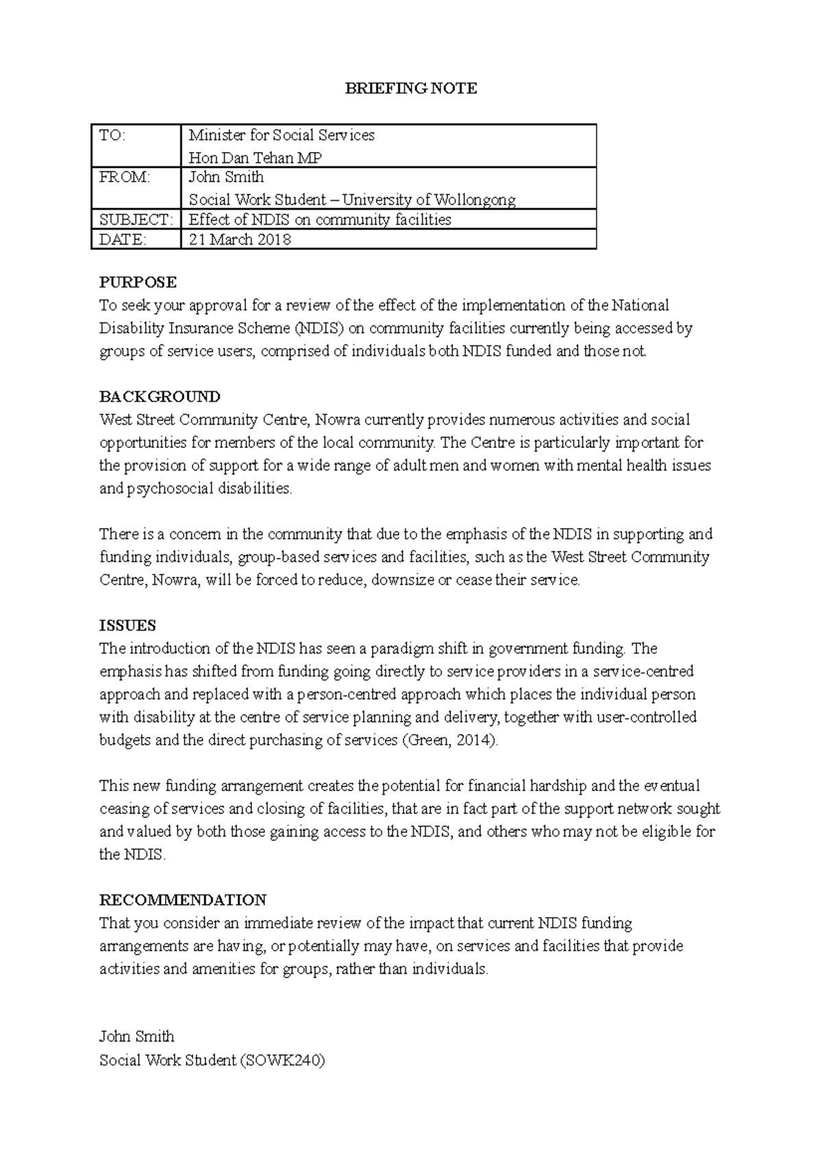 Assessment Task Briefing Note BRIEFING NOTE TO Minister for Social Services Hon Dan Tehan