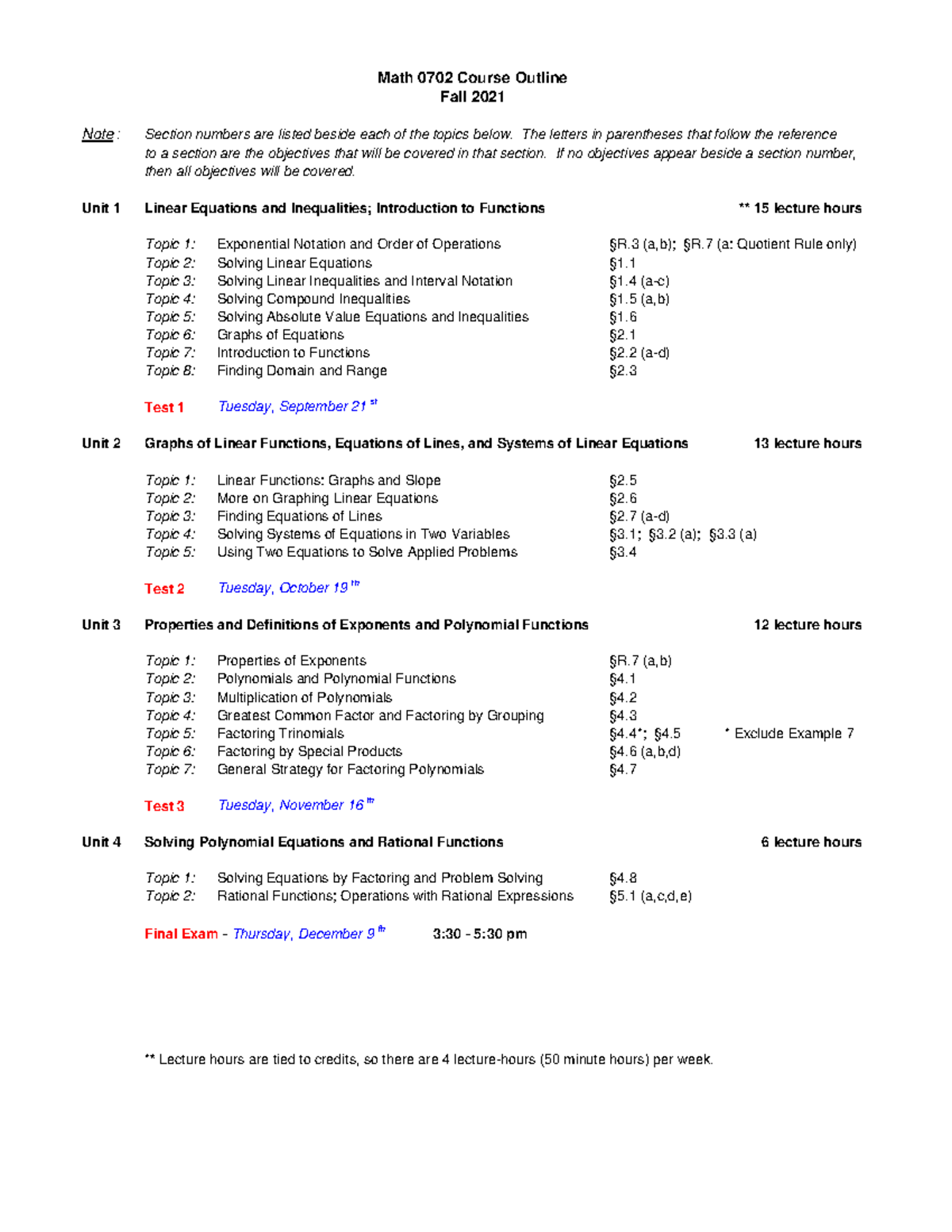 Math 0702 Course Outline, Fall 2021 (TR Sections) Note Section