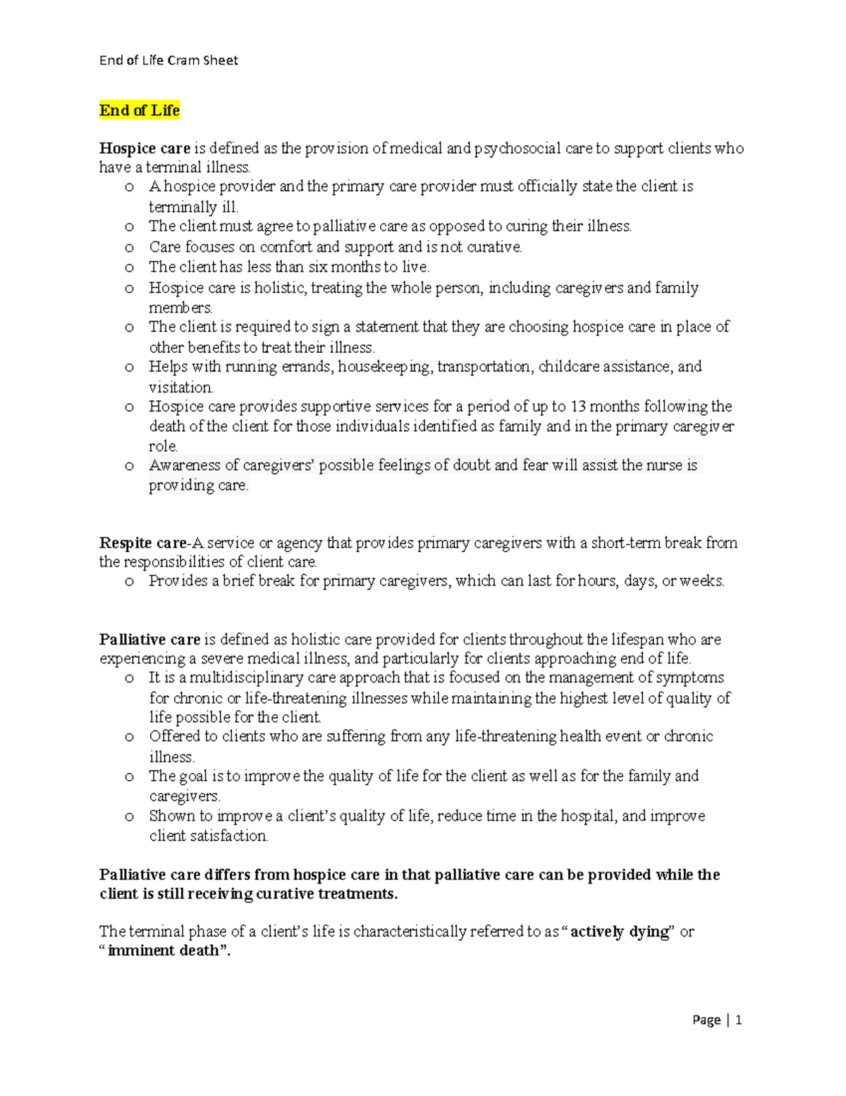 End of Life Cram Sheet - study notes - End of Life Hospice care is ...
