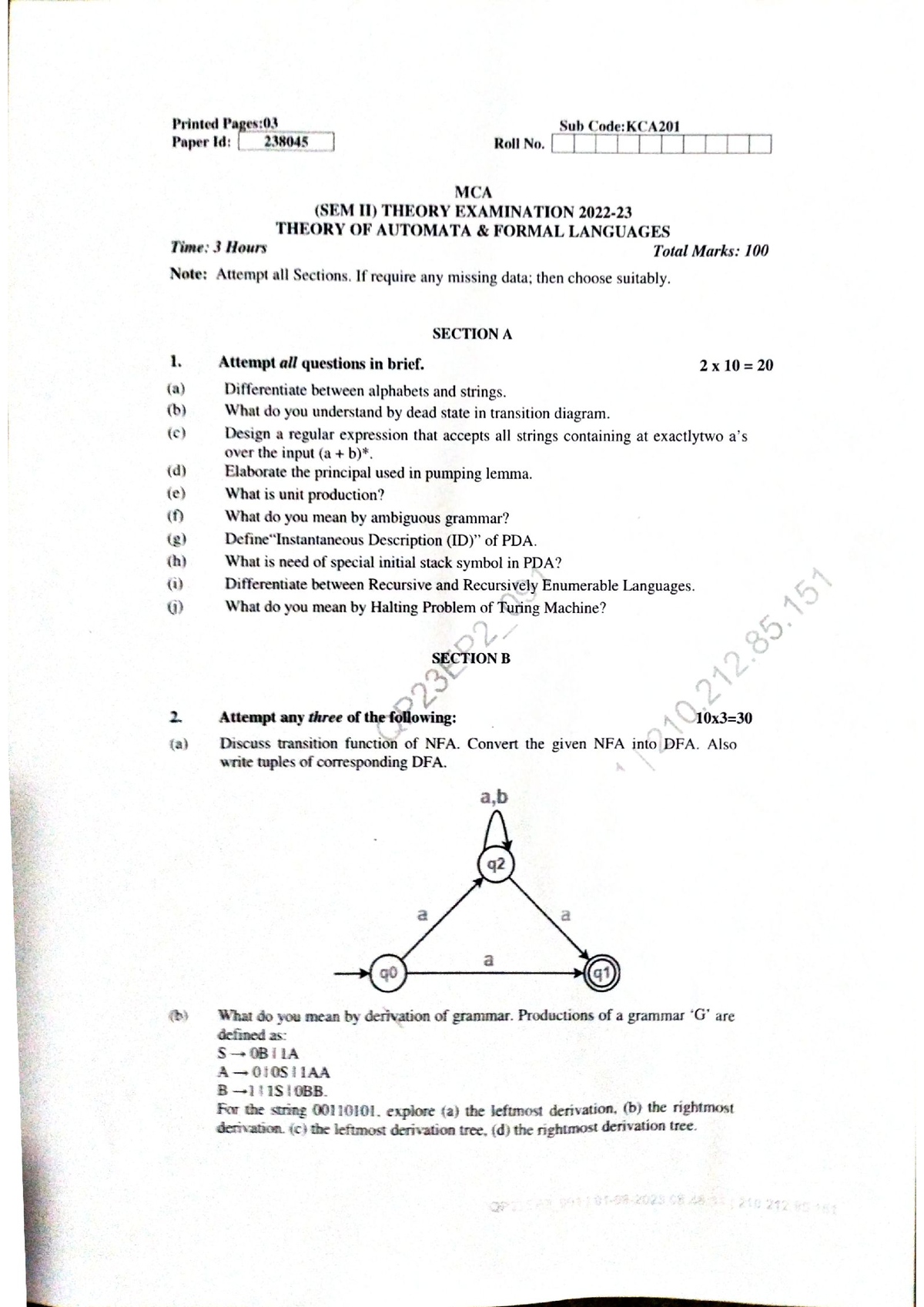 Tafl2023 Question Paper - B.tech - Studocu