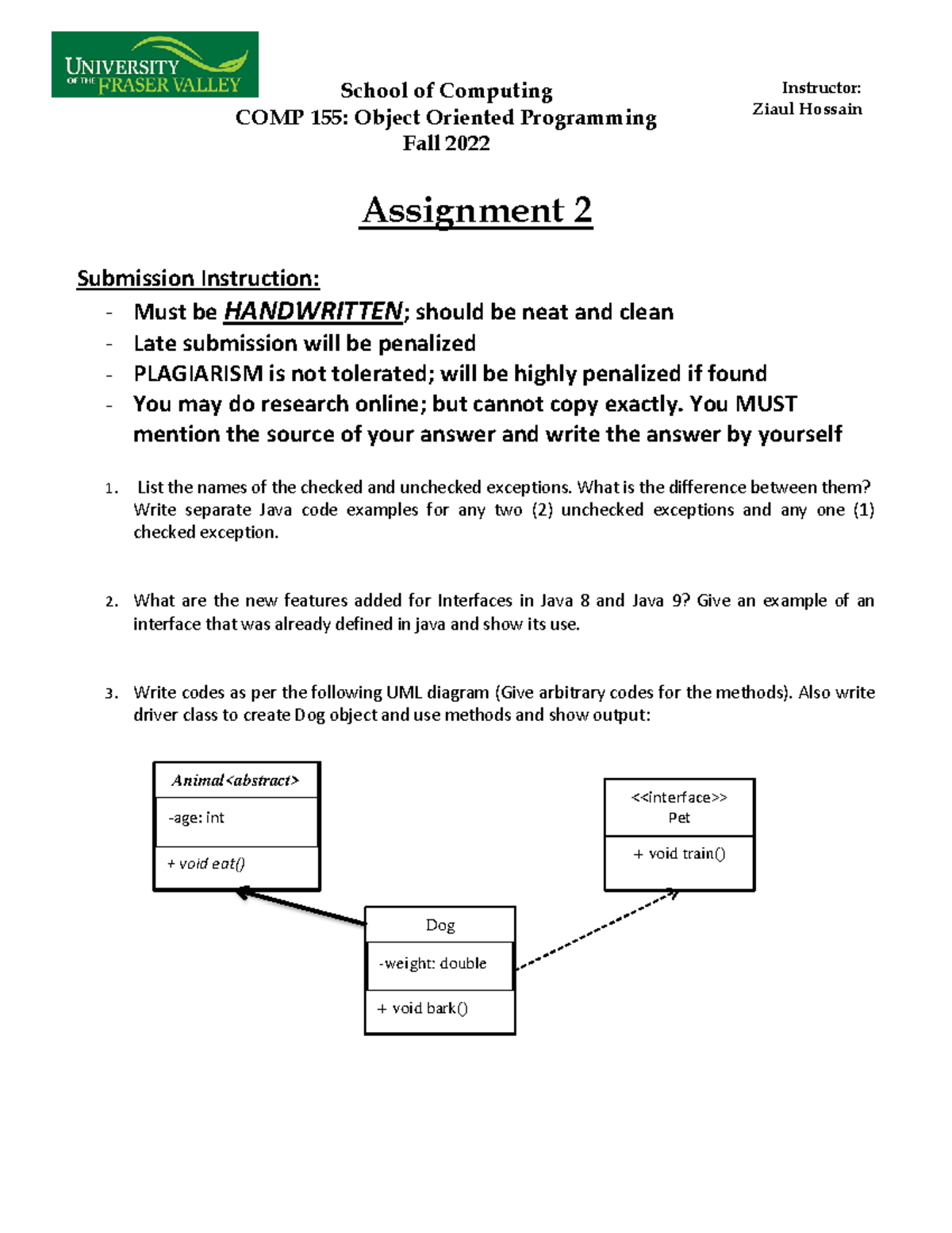 Assignment 2 - School of Computing COMP 155: Object Oriented ...