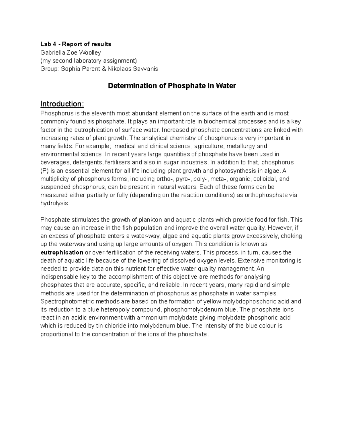 Lab report LAB 4 Phosphates in water Lab 4 Report of results