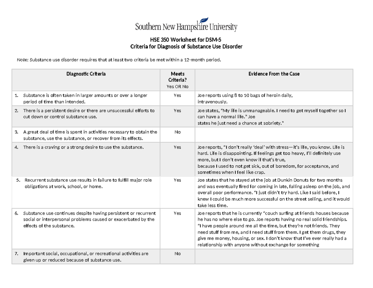 HSE 350 DSM5 Worksheet - Joe Smith - HSE 350 Worksheet for DSM ...