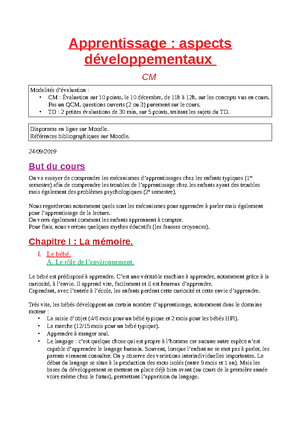 Aprentissage - apprentissage - TD 1 Psychologie des apprentissages ...