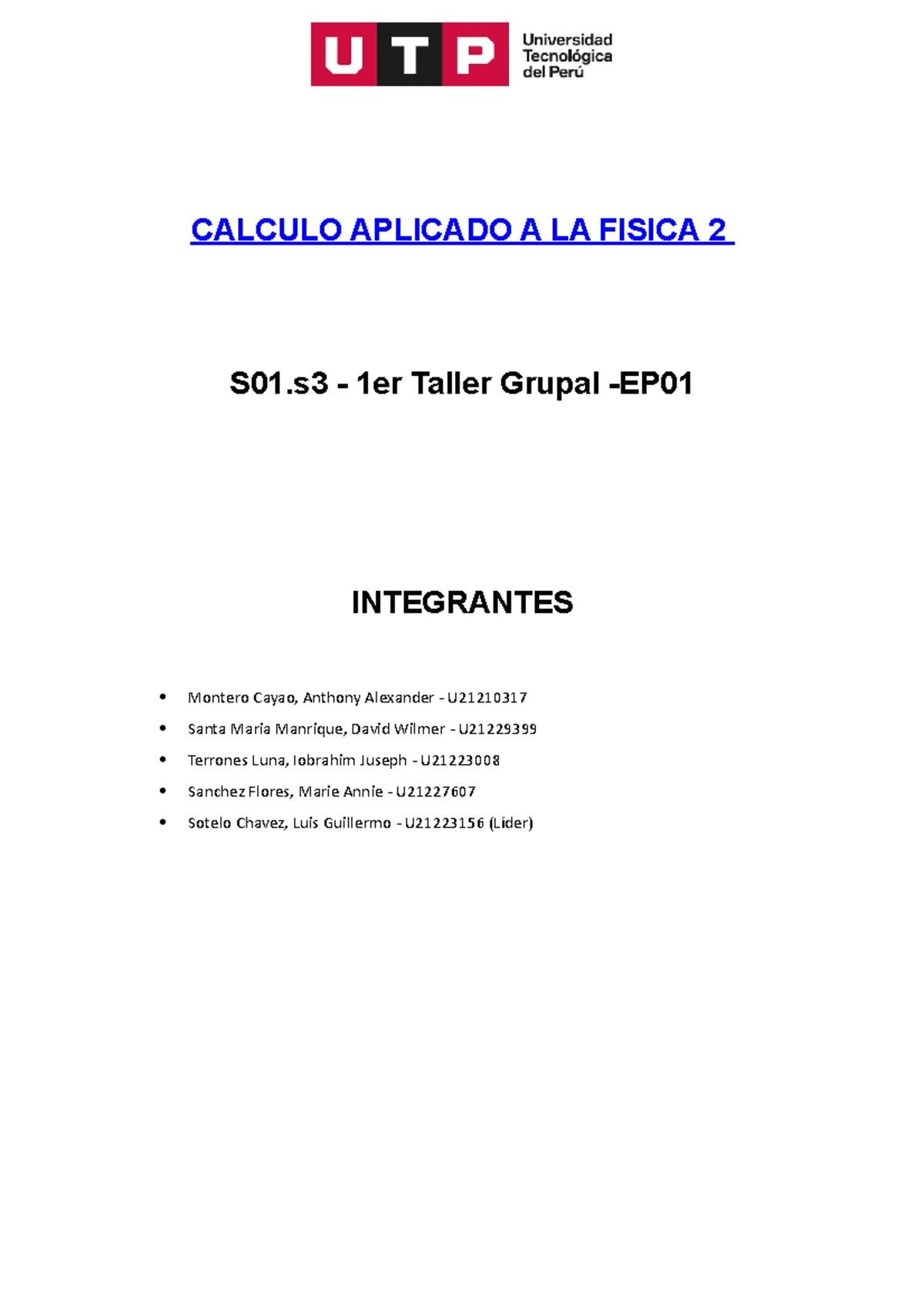 Taller 1 - CAF2 - CALCULO APLICADO A LA FISICA 2 S01 - 1er Taller ...