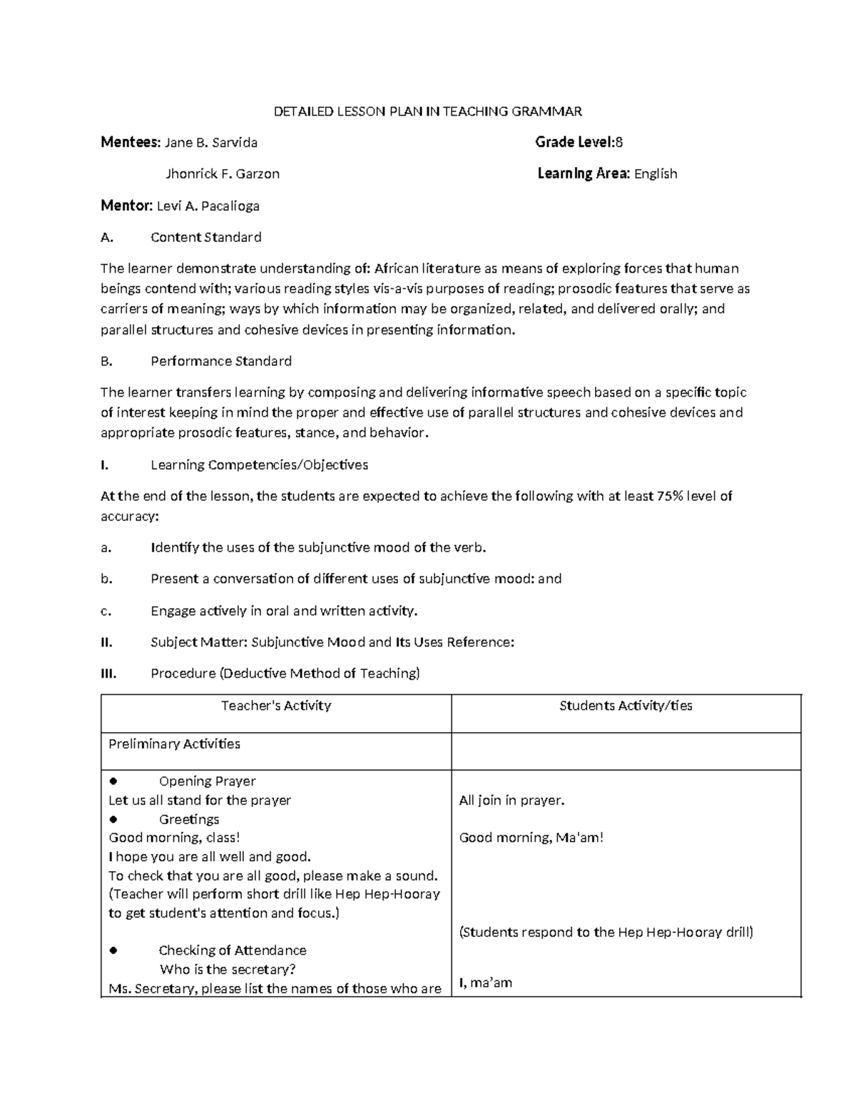 A Detailed lesson plan in teaching grammar - DETAILED LESSON PLAN IN ...