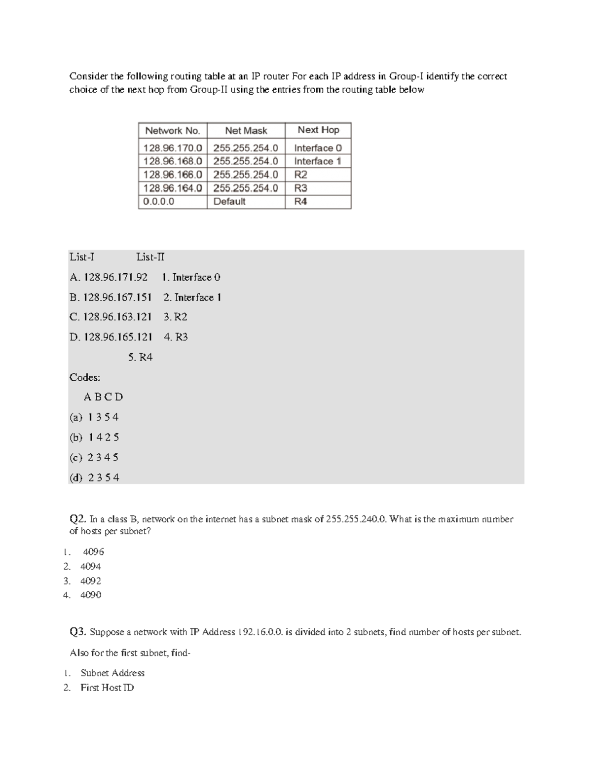 IP Address Tute Sheet Dbms Consider The Following Routing Table At 