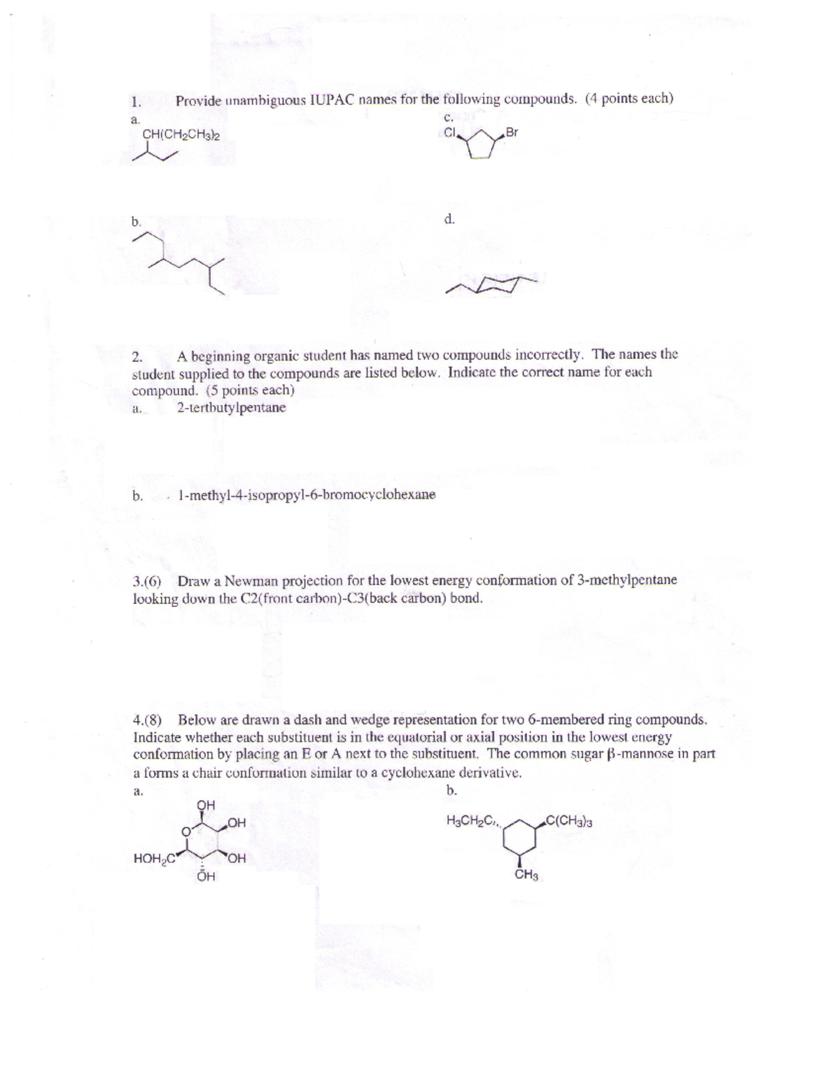 Chem 2323 2008 Practice Quiz 2 - 1. Provide Unambiguous IUPAC Names For ...