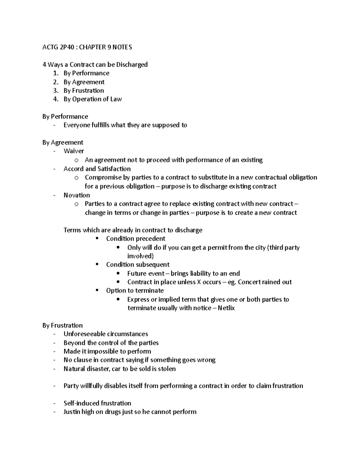 ACTG 2P40 CHP 9 - Notes - ACTG 2P40 : CHAPTER 9 NOTES 4 Ways a Contract ...