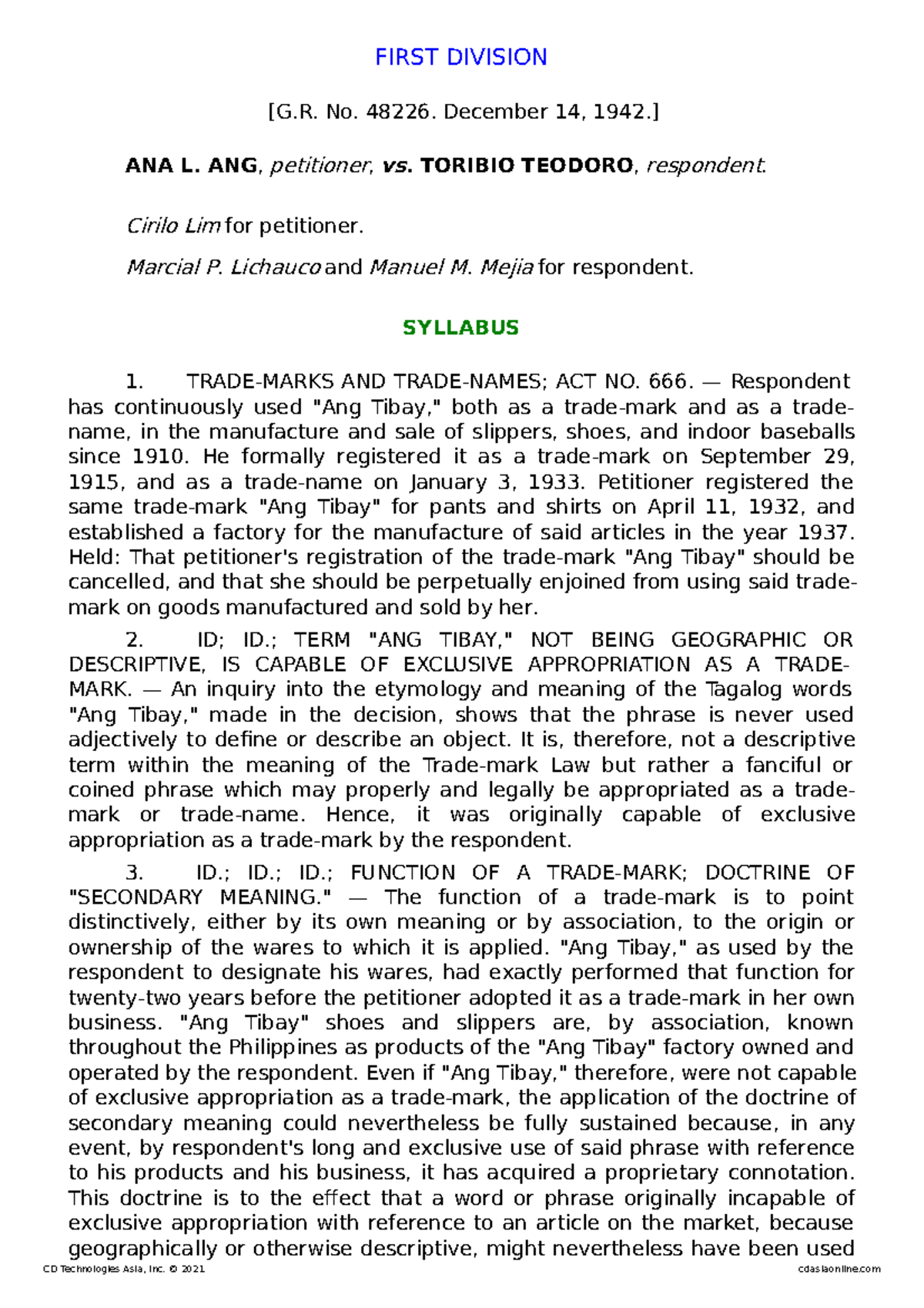 Ang v. Teodoro case digest for Intellectual ProPerty Law - FIRST ...