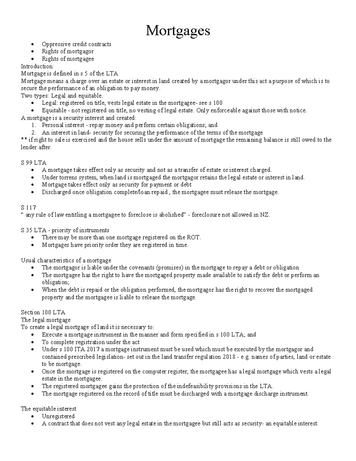 Mortgages - Land Law - Lecture Notes - Mortgages • Oppressive Credit ...