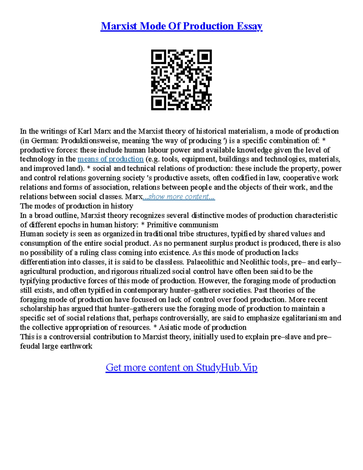 Essay Modes - Marxist Mode Of Production Essay In the writings of Karl ...