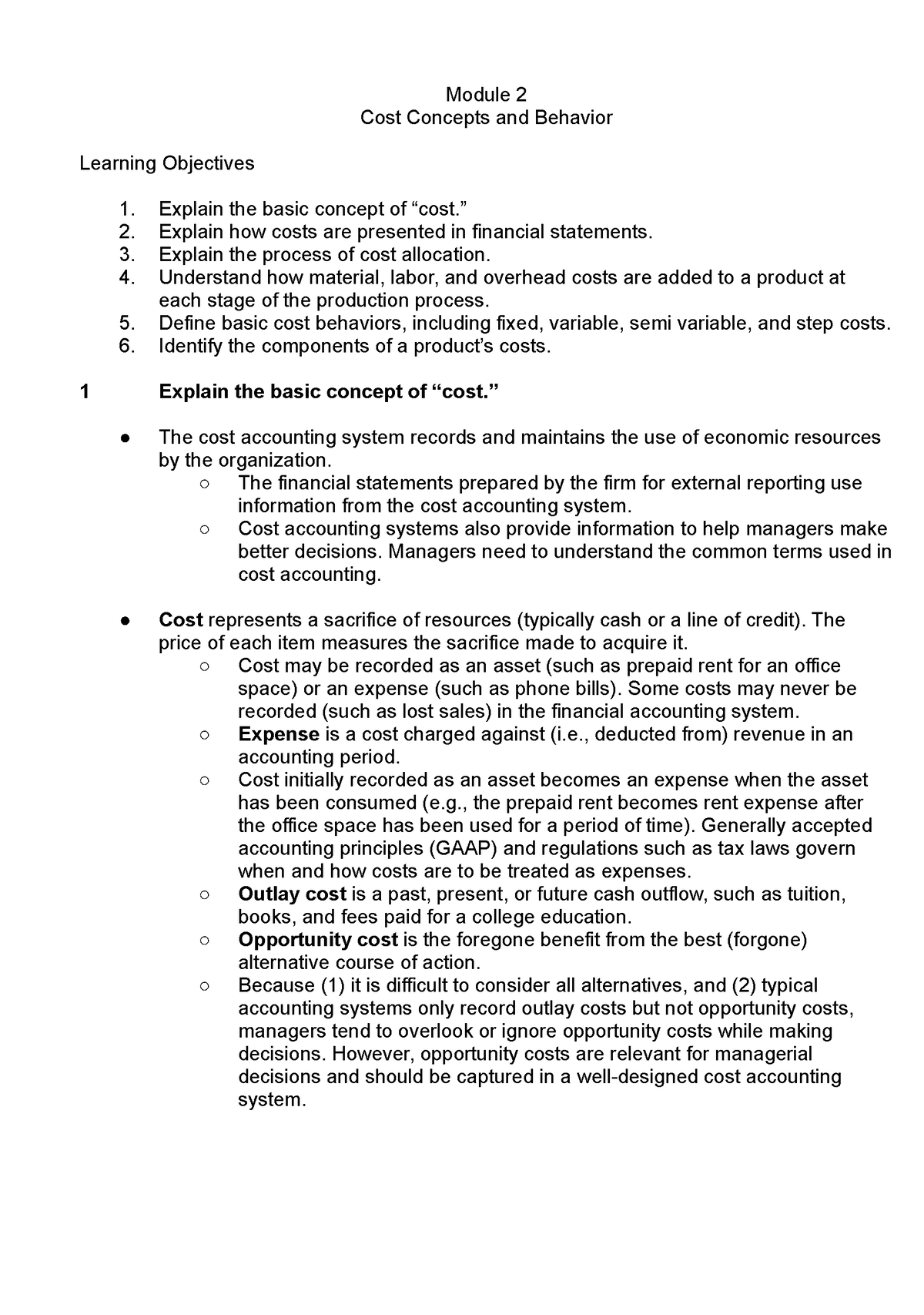 Cost Accounting Module 2 - (Week 3-4) - Module 2 Cost Concepts and ...