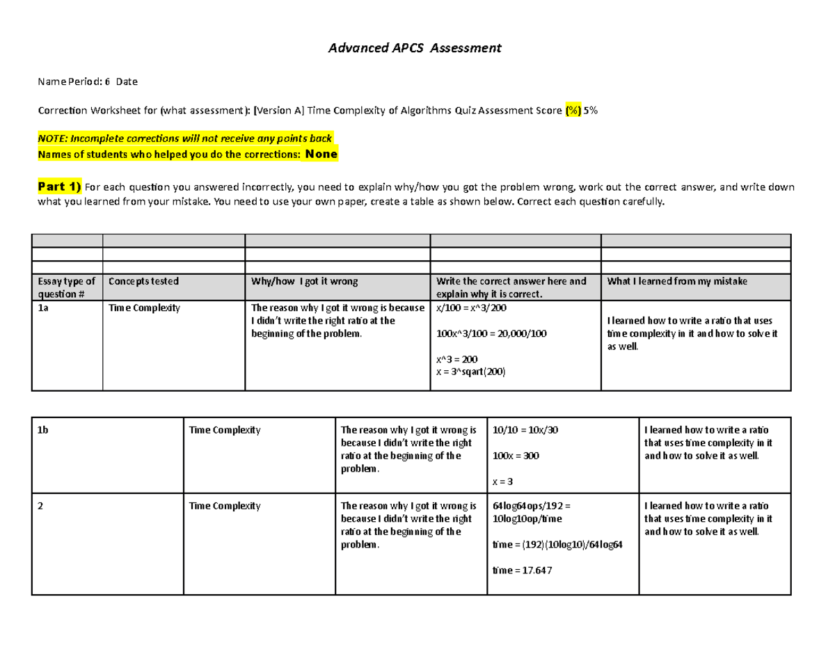 21-22 Advanced CS Corrections Form - Advanced APCS Assessment Name ...