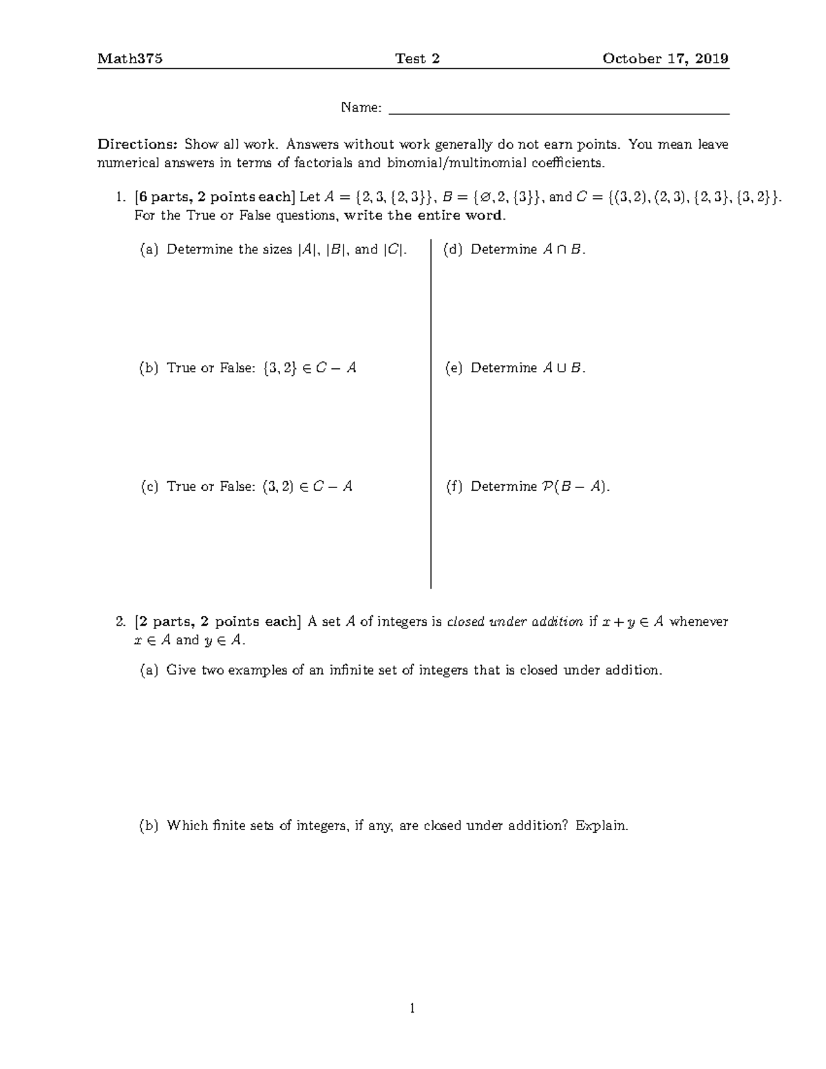 Test2 - Second test - Name: Directions:Show all work. Answers without ...