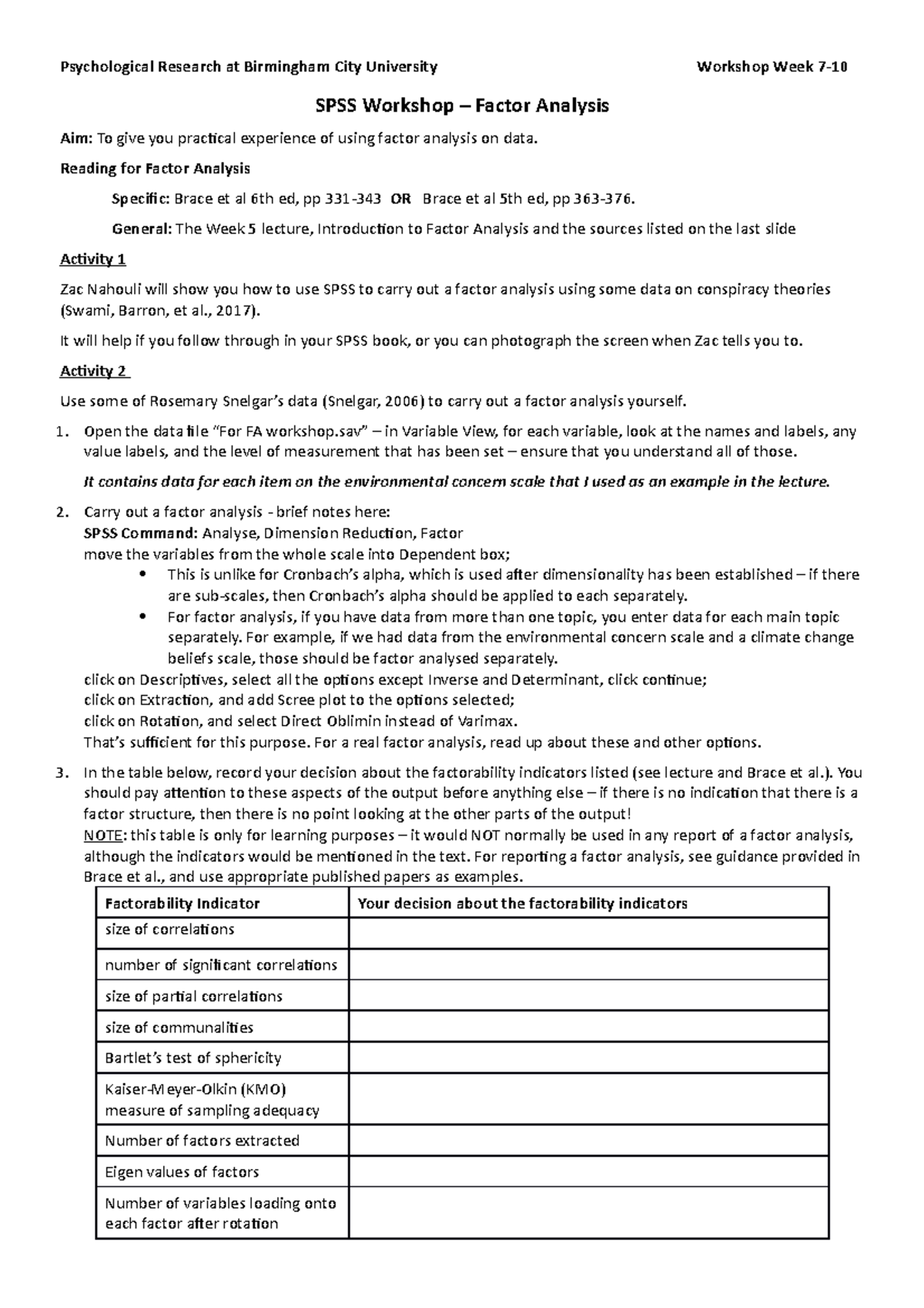 Factor Analysis worksheet - Psychological Research at Birmingham City ...
