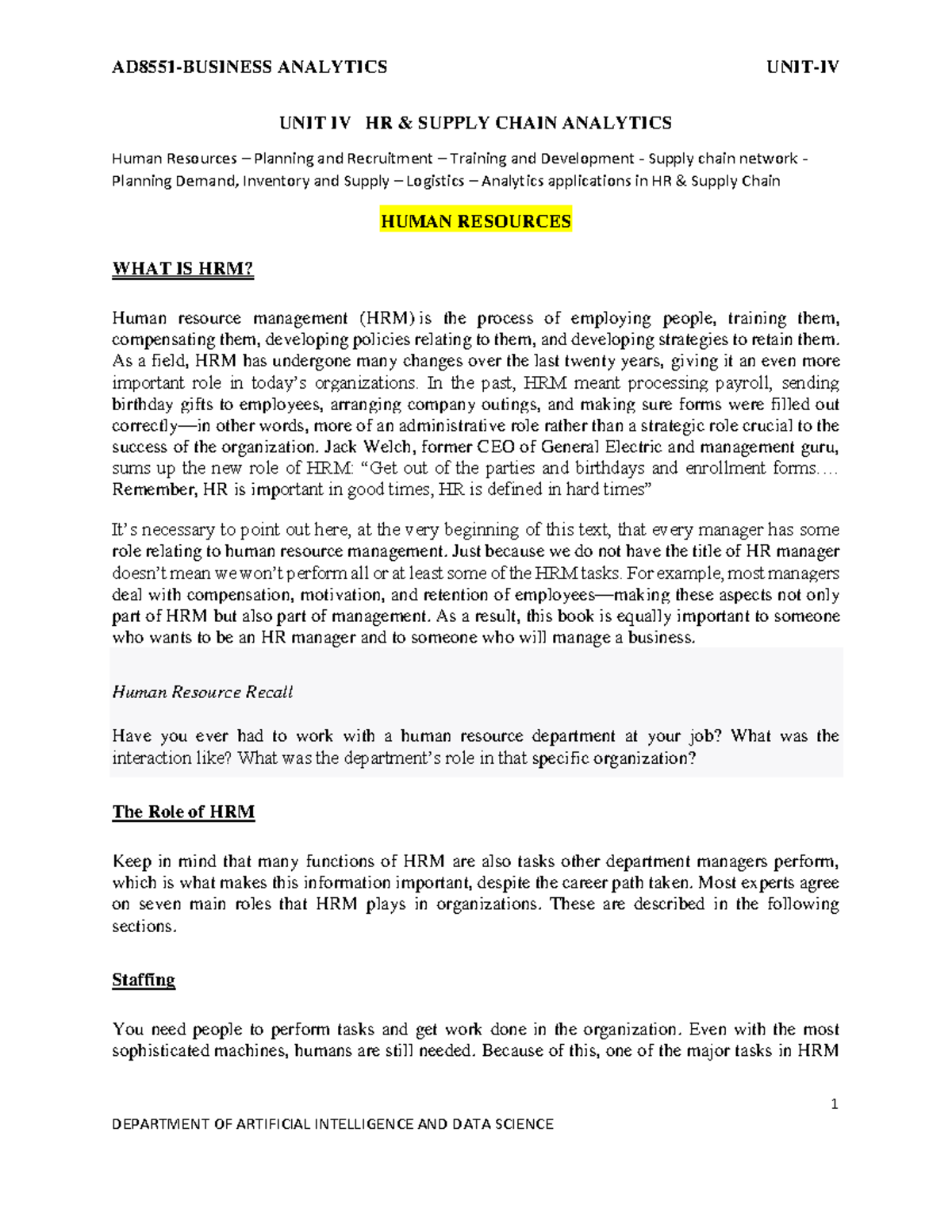 Unit 4 notes - 1 UNIT IV HR & SUPPLY CHAIN ANALYTICS Human Resources ...