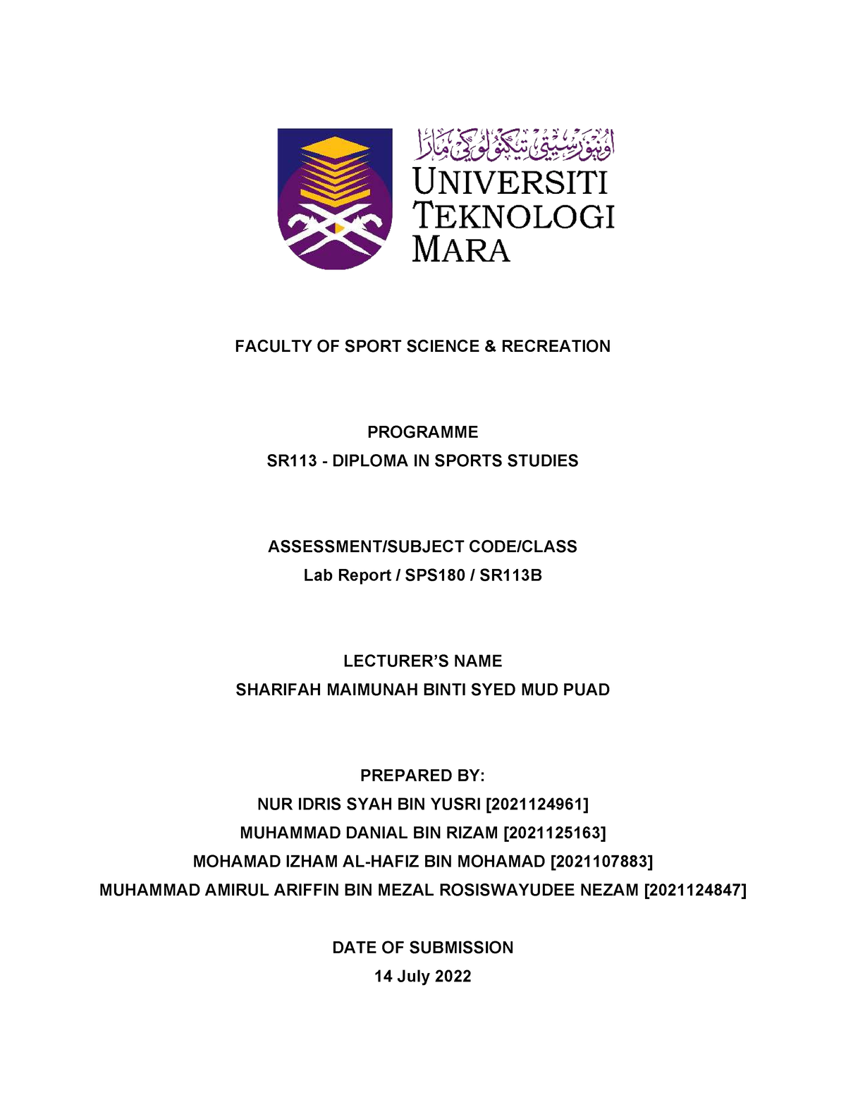 LAB Report SPS 180 - FACULTY OF SPORT SCIENCE & RECREATION PROGRAMME ...