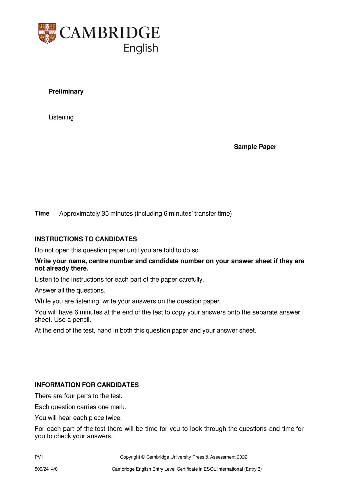 B1 Preliminary 2022 Sample Listening - Question Paper - Preliminary ...