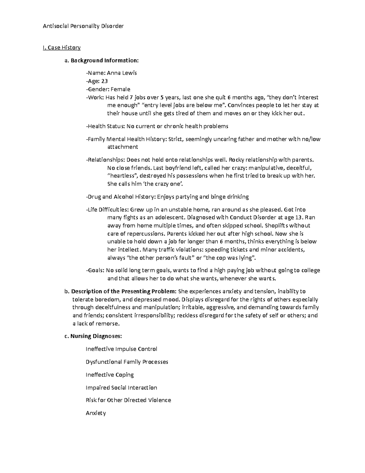Antisocial Personality Disorder - Case History a. Background ...