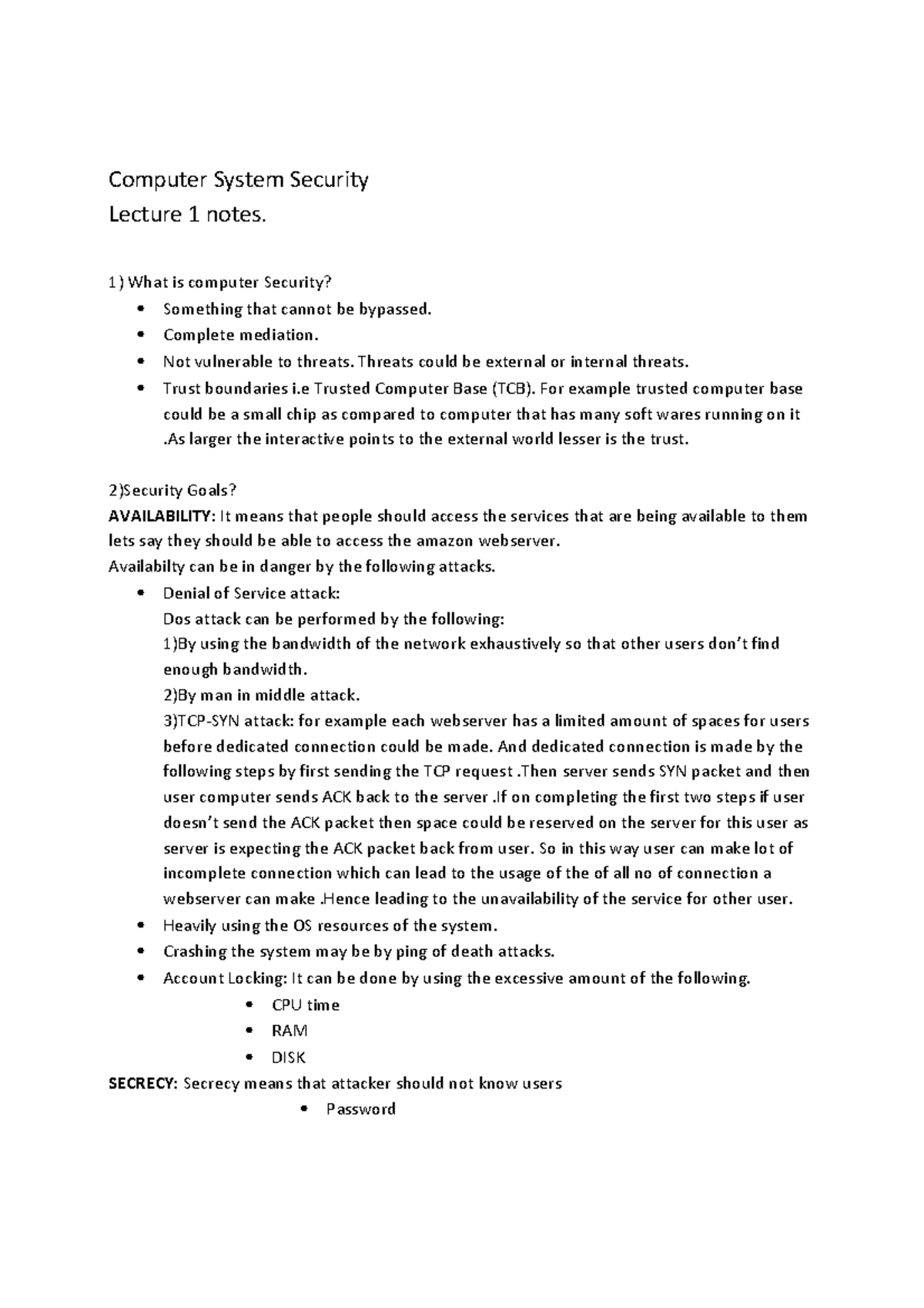 Unit 1 - INtroduction - Computer System Security Lecture 1 notes. What ...