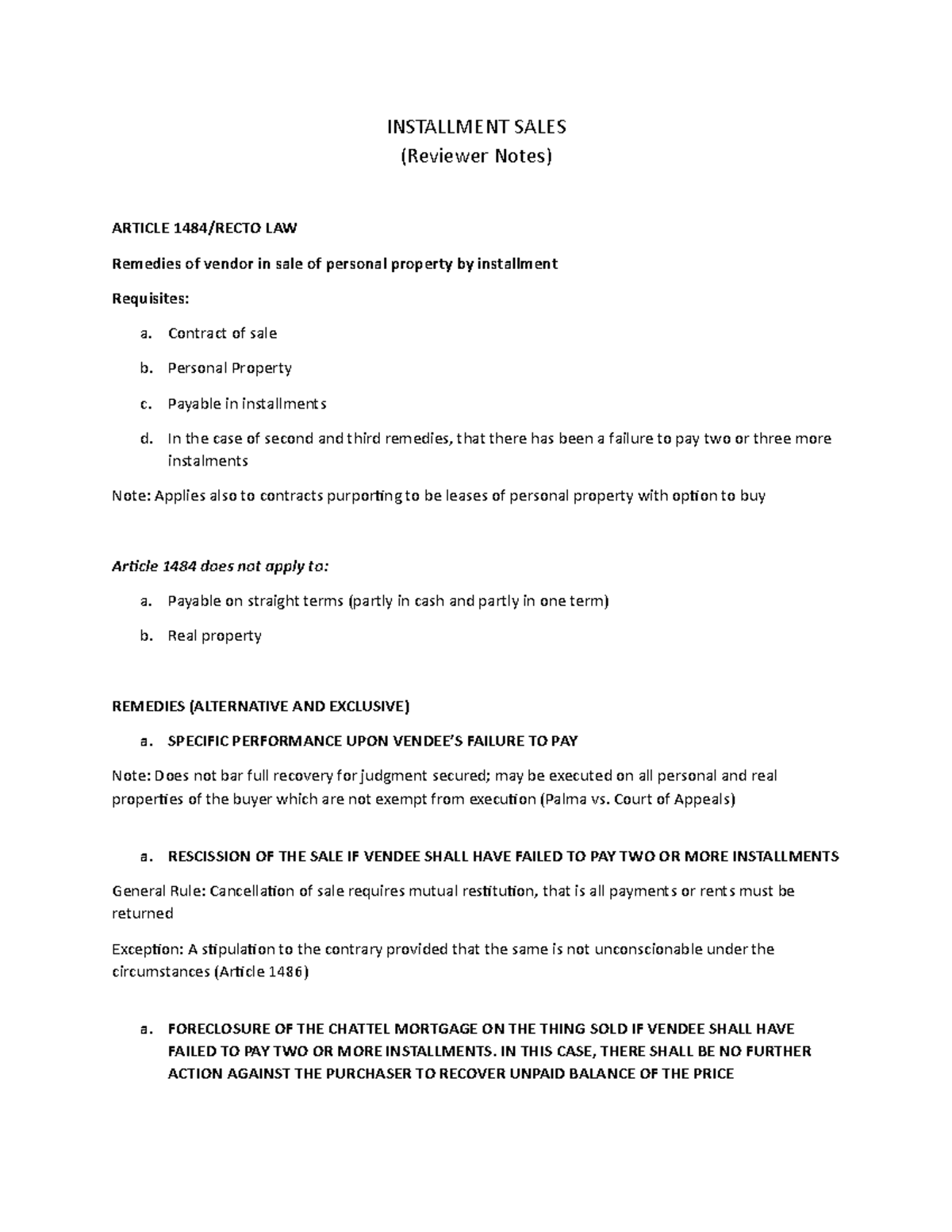 Installment Sales INSTALLMENT SALES (Reviewer Notes) ARTICLE 1484