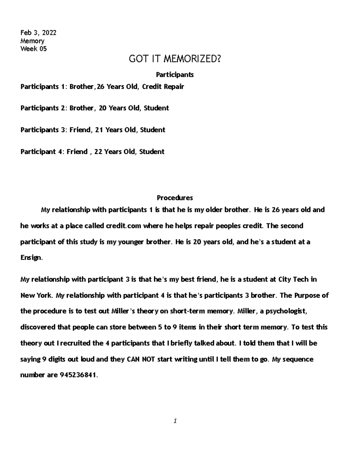 Final Report - Feb 3, 2022 Memory Week 05 GOT IT MEMORIZED ...