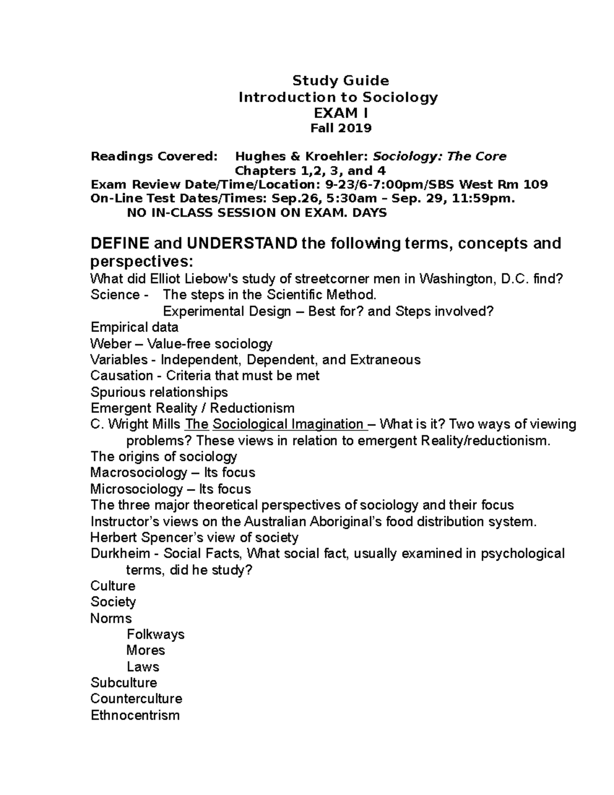Study Guide Exam 1 TTh - Study Guide Introduction to Sociology EXAM I ...