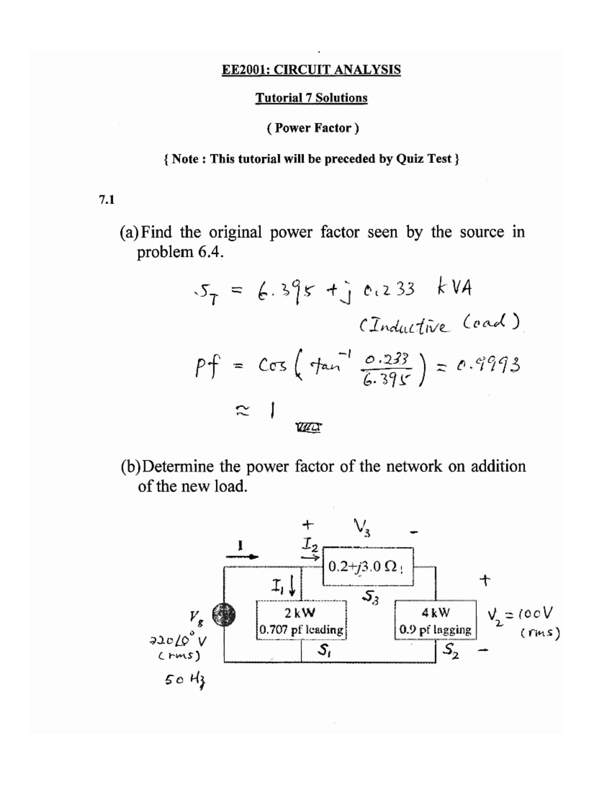 AC2Solutions guides EE2001 CIRCUIT ANALYSIS Tutorial 7 Solutions