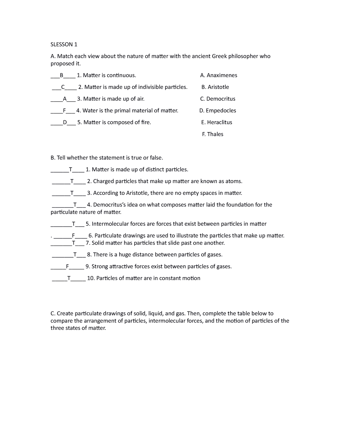 SCIENCE FOR GRADE 11 - SLESSON 1 A. Match each view about the nature of ...