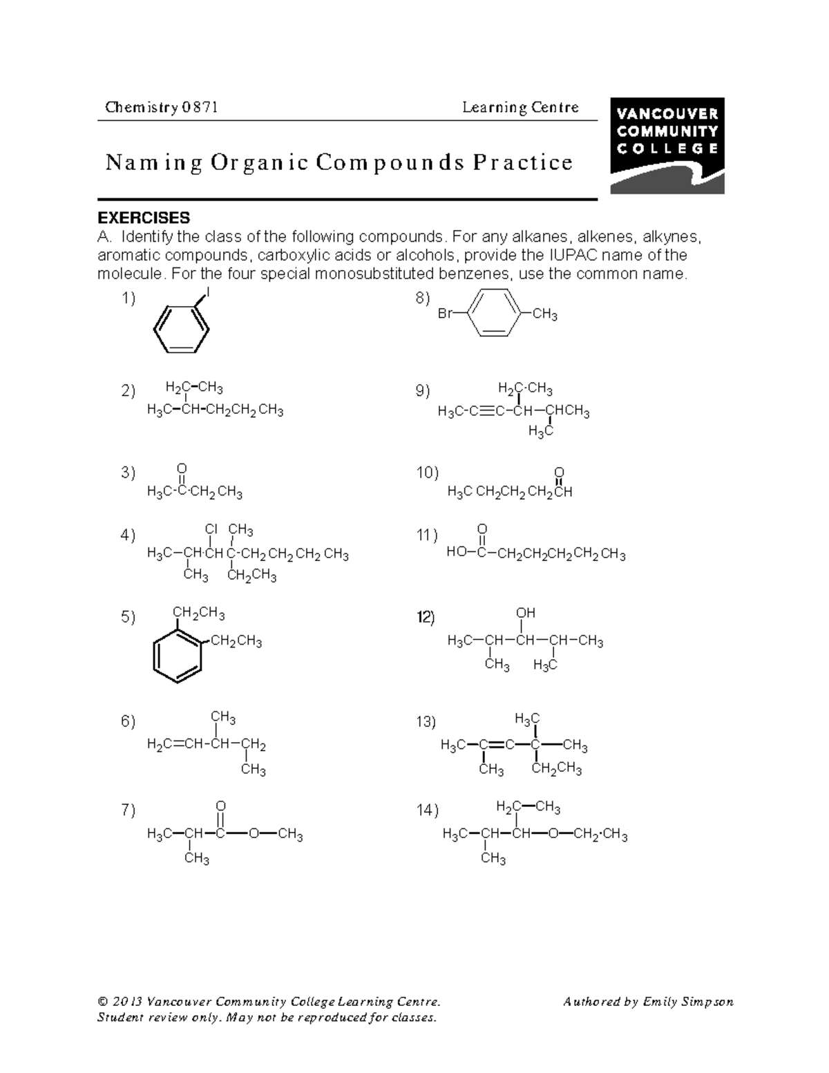 Chem0871 Naming Organic Compounds Practice 20 13 Va N Couv Er Com M