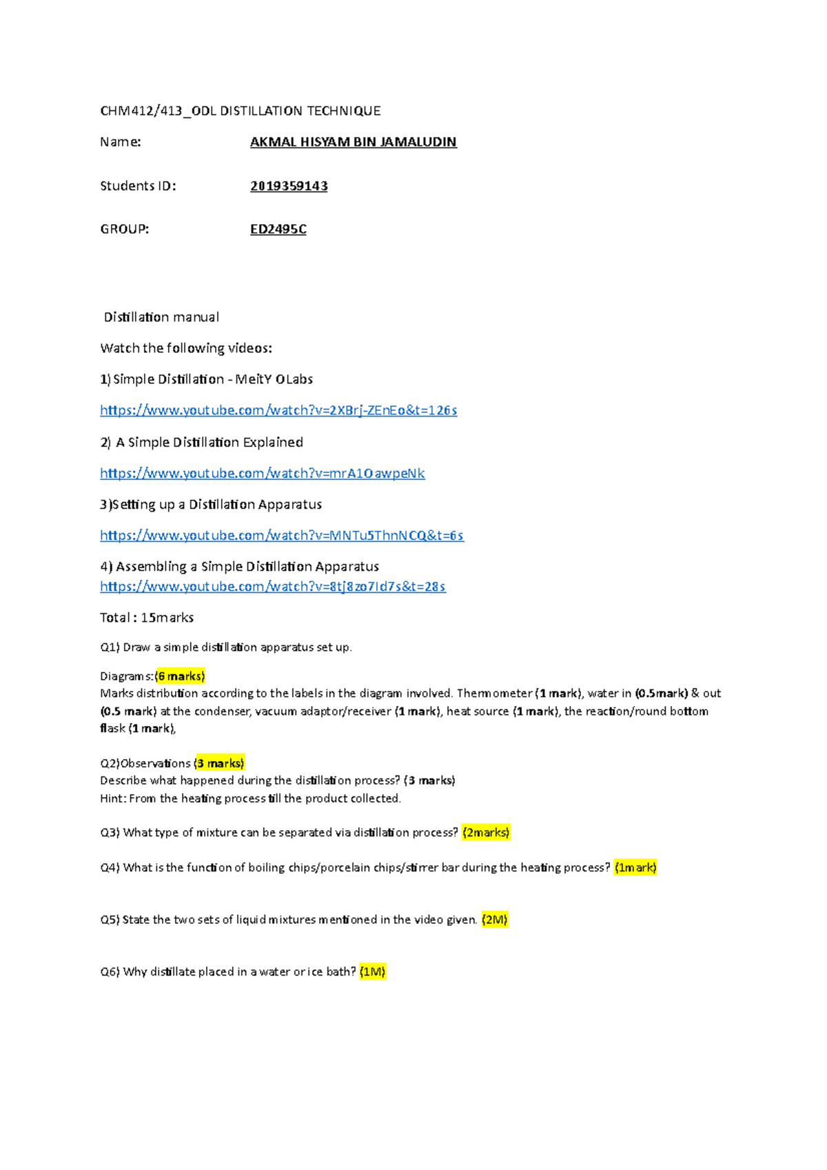 LAB 2 Akmal Hisyam(2019 359143) Distillation Technique - CHM412/413_ODL ...