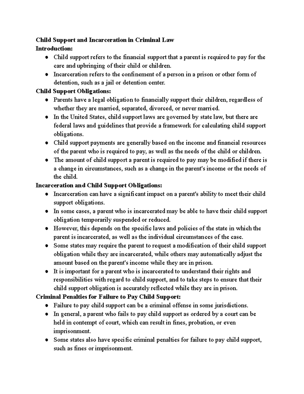 Child Support and Incarceration in Criminal Law Child Support and Incarceration in Criminal