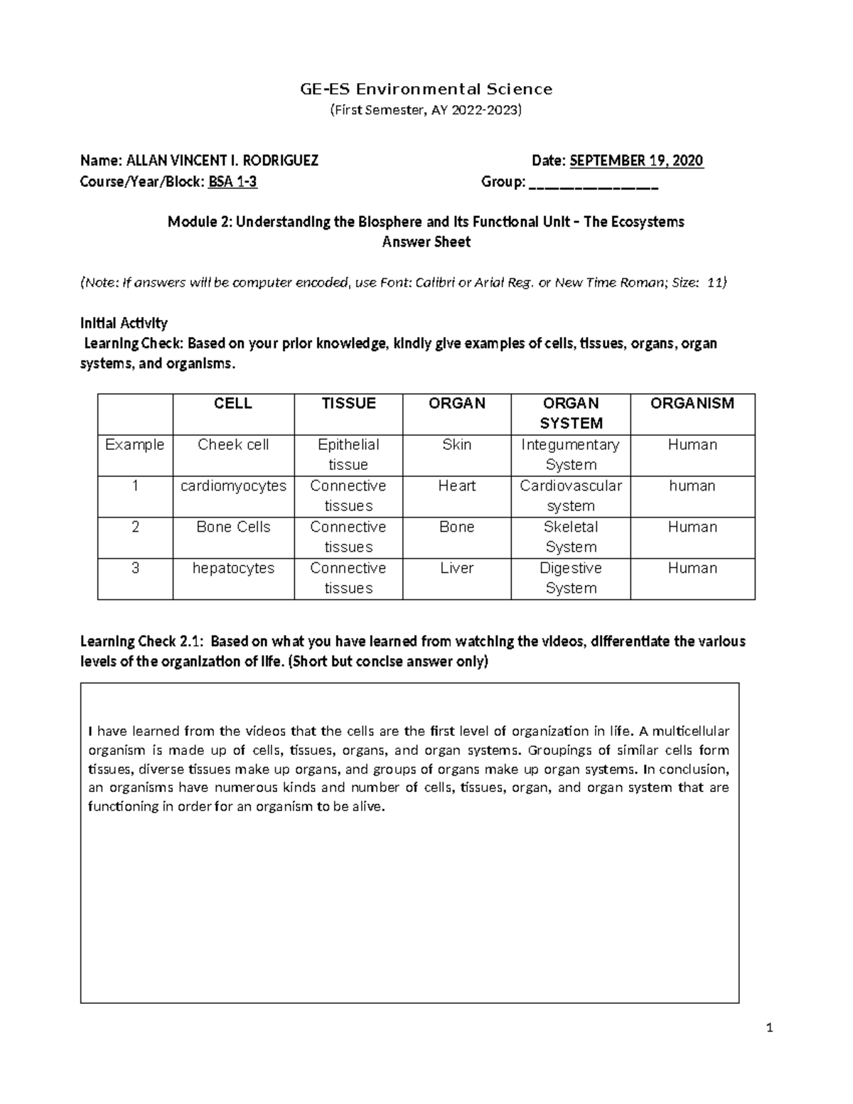 GE-ES Module 2 Answer sheet Fin - GE-ES Environmental Science (First ...