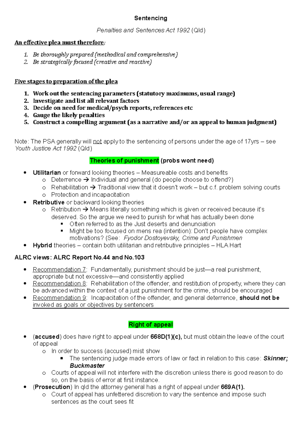 Sentencing - Exam notes - Sentencing Penalties and Sentences Act 1992 ...