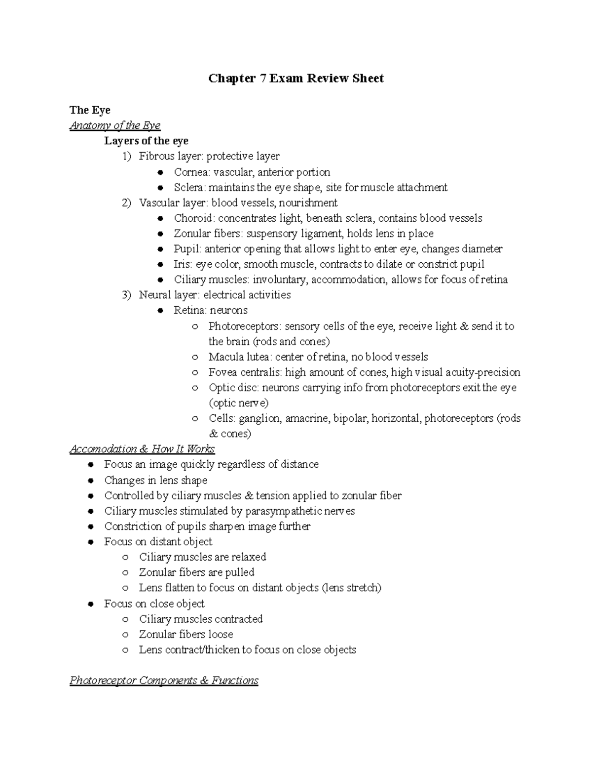 Ch 7 exam review study guide - Chapter 7 Exam Review Sheet The Eye ...