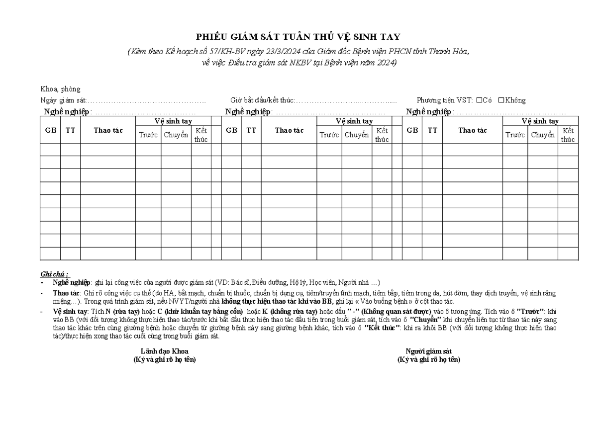 PHIẾU GIÁM SÁT TUÂN THỦ VỆ SINH TAY 2024. OK - PHIẾU GIÁM SÁT TUÂN THỦ ...