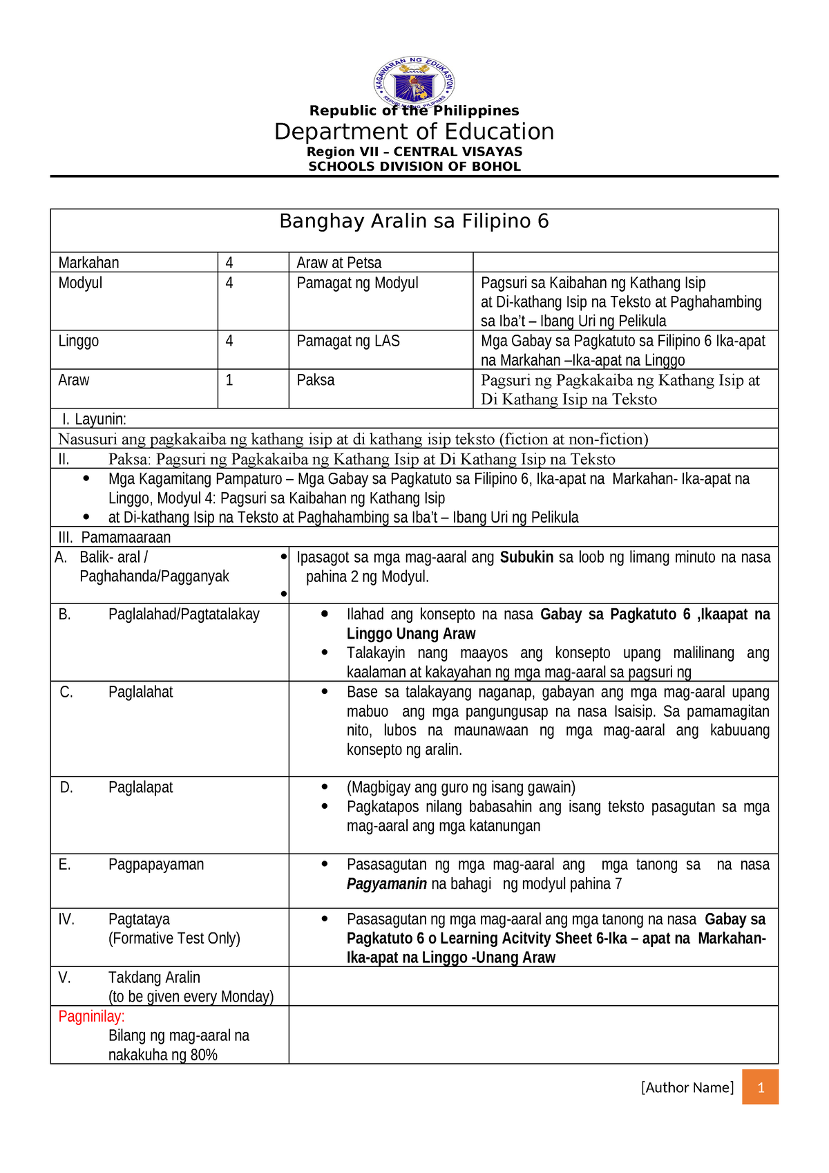 Bohol Filipino 6 Q4 Plp4 V01 Copy Department Of Education Region Vii Central Visayas 3824