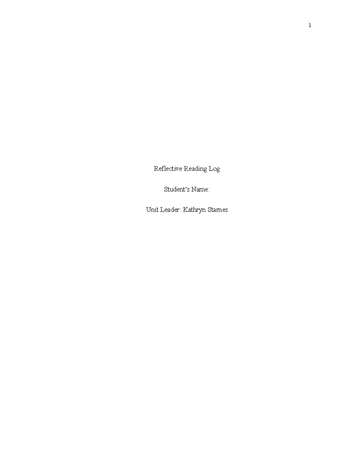 Reflective reading log - Reflective Reading Log Student’s Name: Unit ...