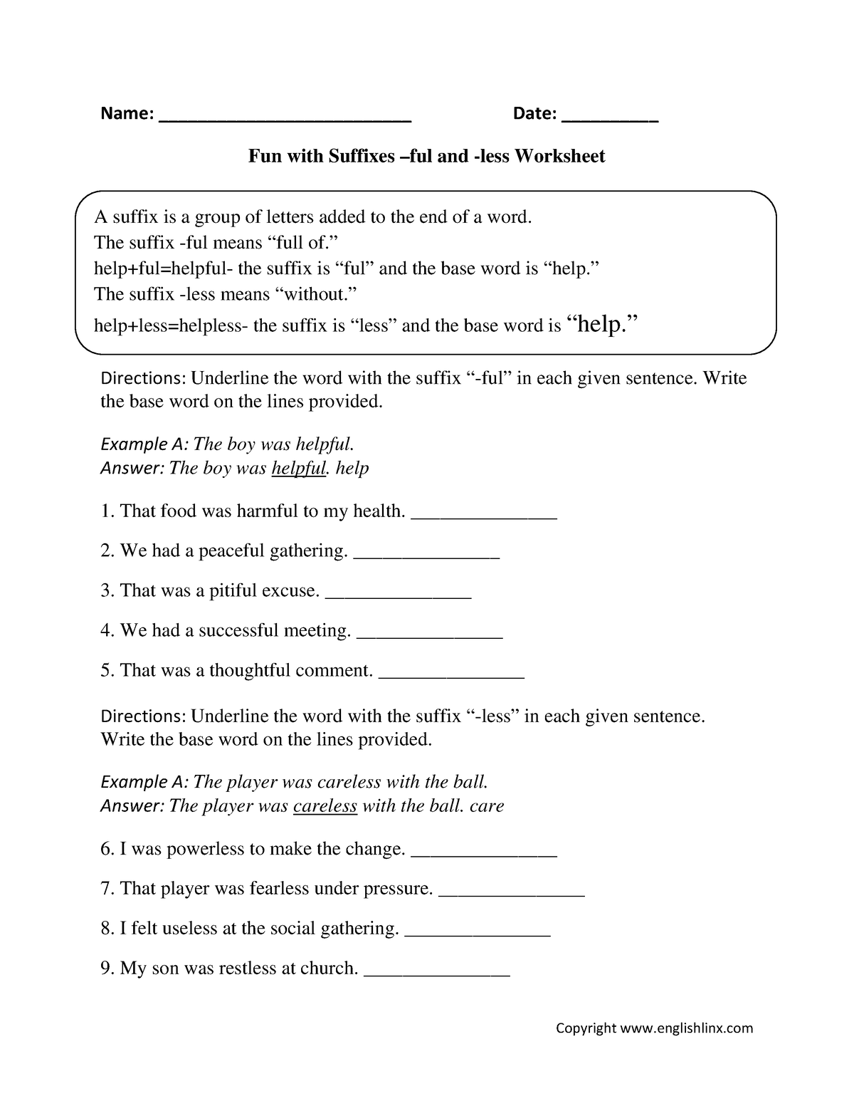 Fun-Suffixes-ful-less-Worksheet - Name: __________________________ Date ...