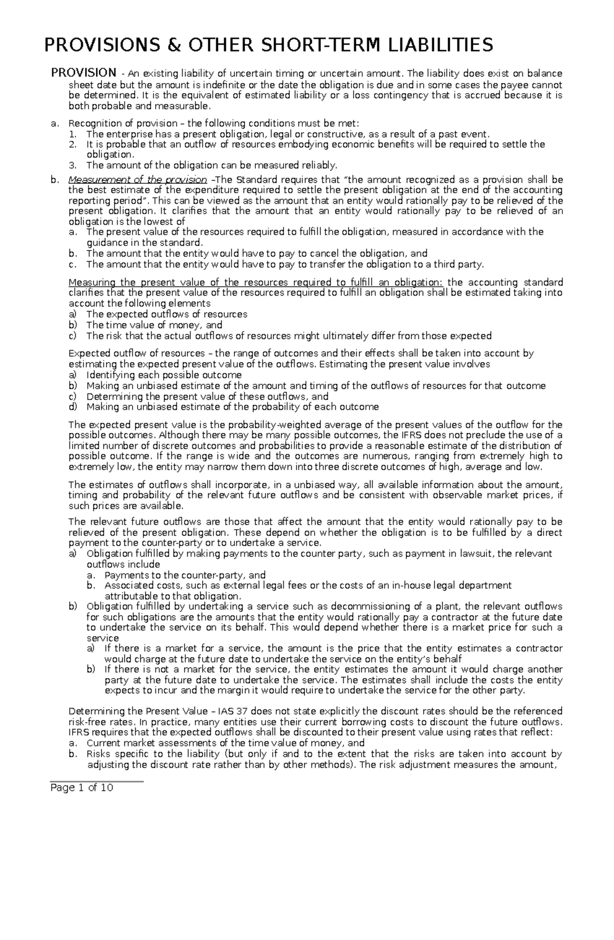 Provision and Short Term Liabilities PROVISIONS & OTHER SHORTTERM